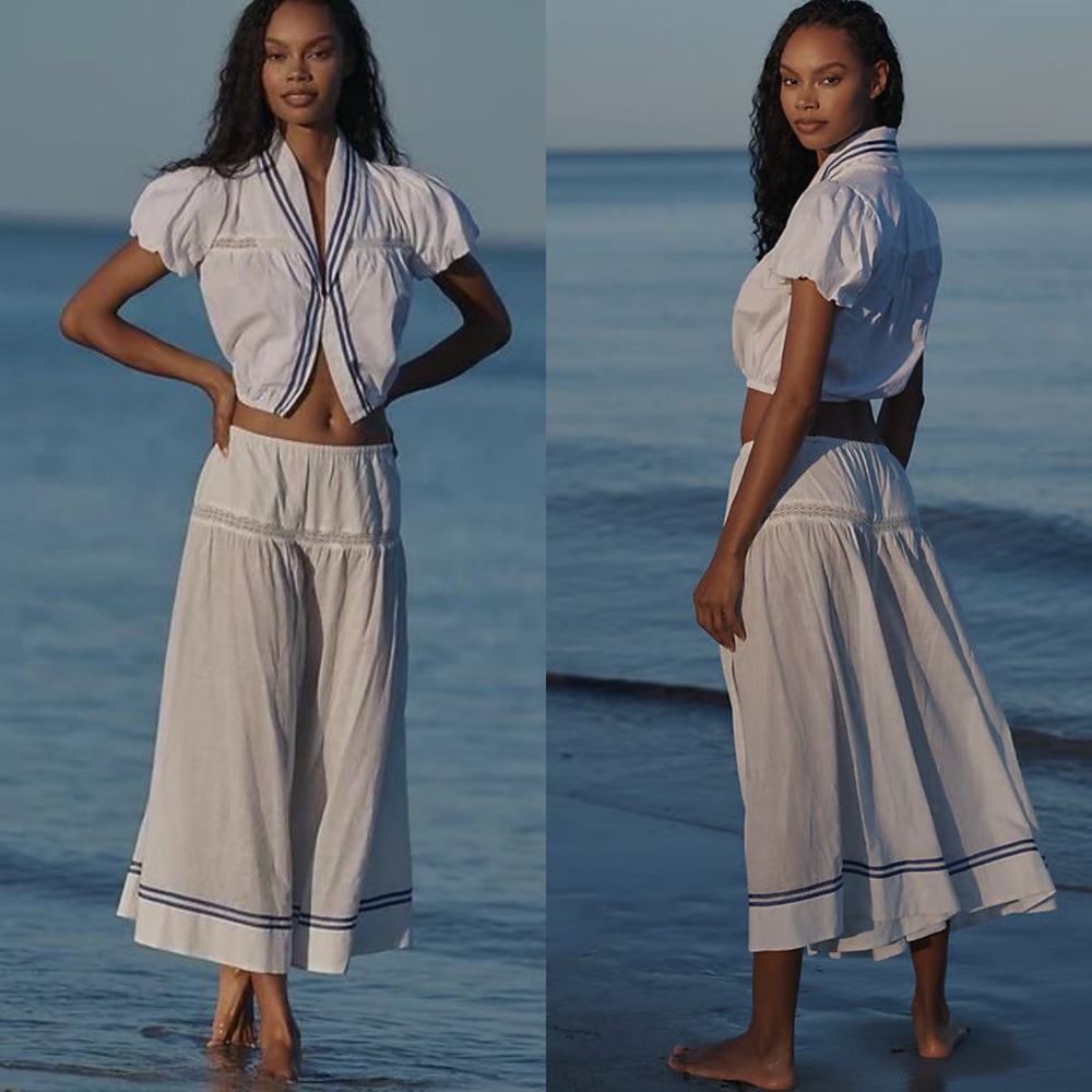 ANTHROPOLOGIE CELANDINE puff sleeve cropped top NWT Sz S Nautical Coastal Beachy